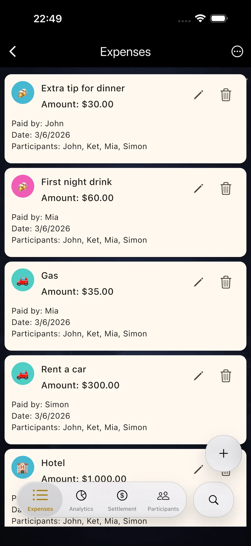 Trevvy app – Expenses screen