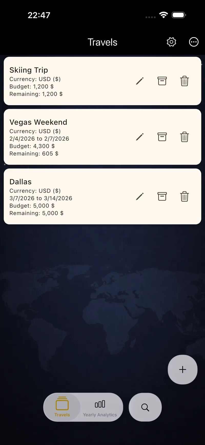 Travels list – manage your trips